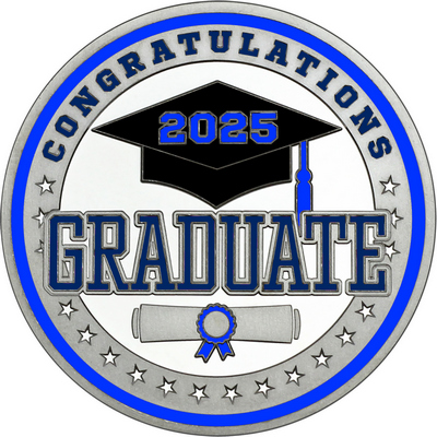 Navy Blue "Congratulations Graduate" with Royal Blue 2025, Rim, Tassel & Ribbon